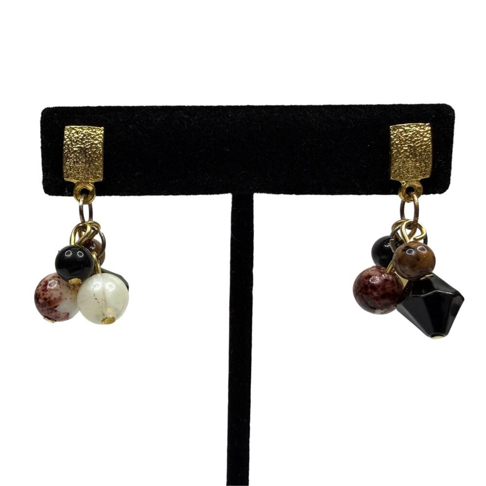 VTG Style Dangle Earrings Gold Tone Black Brown White Glass Beaded Cluster 1 in